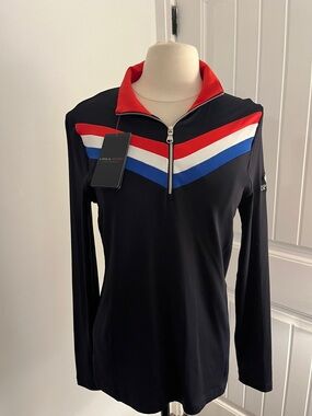 Women's Black Long-Sleeve Zip Pullover with Red White Blue Chevron